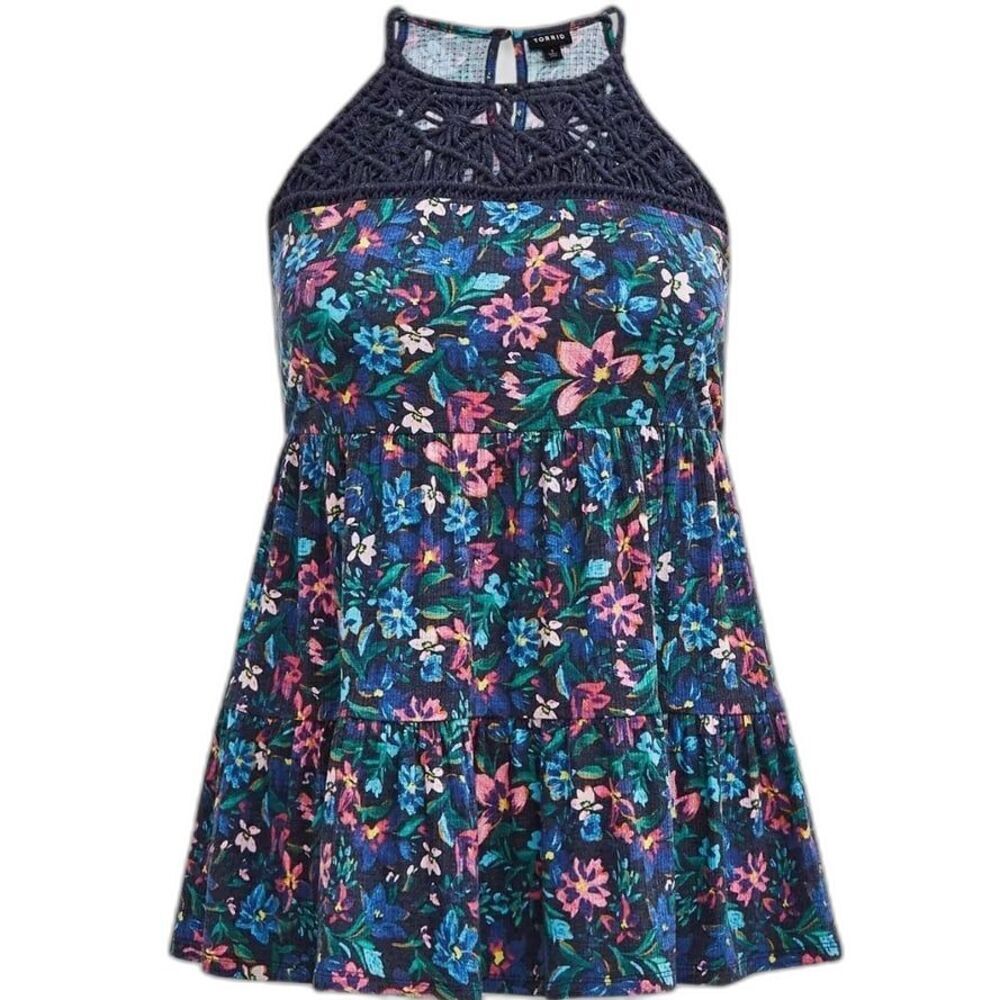 torrid Navy Floral Crochet Halter Tiered Tank